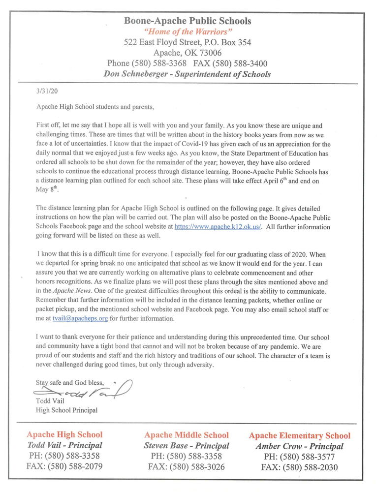 High School: Plan of Distance Learning Newsletter